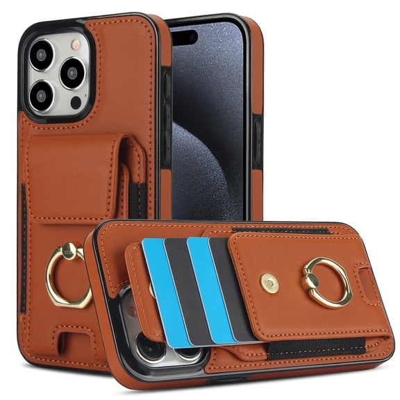 Wallet Case Compatible for iPhone 15 Pro Max, with 360° Rotation Ring Stand PU Leather Case Cover with Side Stretchy Fabric Card Holder for Women and Men for iPhone 15 Pro Max, Brown