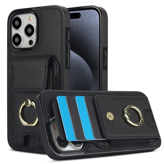 Wallet Case Compatible with iPhone 15 Pro Max with Card Holder, 360° Rotation Finger Ring Kickstand PU Leather Stretchy Fabric Cover Drop Protection with Magnetic Snap Case Cover, Black
