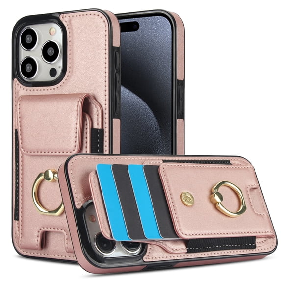 Wallet Case Compatible with iPhone 15 Pro Max with Card Holder, 360° Rotation Finger Ring Kickstand PU Leather Stretchy Fabric Cover Drop Protection with Magnetic Snap Case Cover, Rosegold