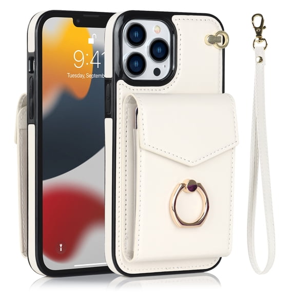 Wallet Case Compatible with iPhone 15 Pro Max, Case with Card Holder,with a strap, RFID Blocking Leather Cover 360°Rotation Ring Kickstand Protective Bumper Designed for Apple iPhone 15 Pro Max,White