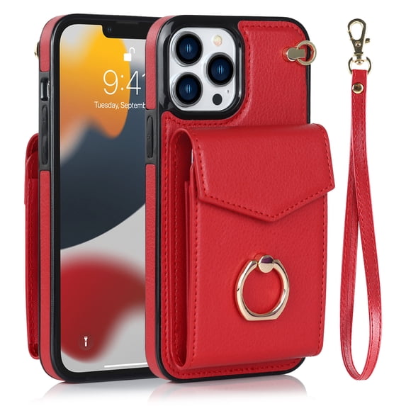 Wallet Case Compatible with iPhone 15 Pro Max, Case with Card Holder,with a strap, RFID Blocking Leather Cover 360°Rotation Ring Kickstand Protective Bumper Designed for Apple iPhone 15 Pro Max,Red