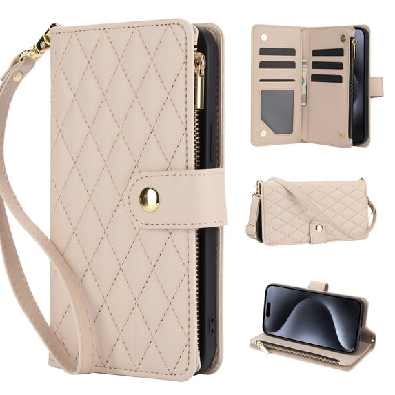 Wallet Case Compatible with iPhone 15 Pro Max, Premium PU Leather Zipper Flip Folio Wallet RFID Blocking with Wrist Strap & Crossbody Strap Magnetic Closure Kickstand Protective Case, Apricot