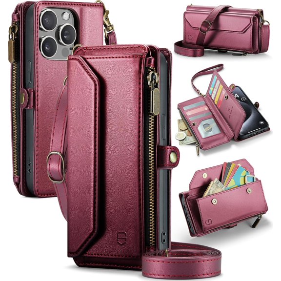Wallet Case Compatible with iPhone 15 Pro Max RFID Blocking 10-Card Holder Soft PU Leather Magnetic Snap Shoulder Strap Zipper Pocket Phone Fit for 6.7" - Wine Red