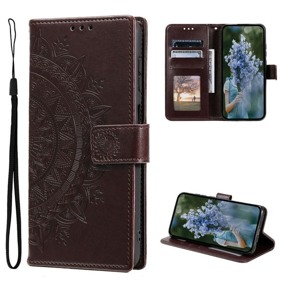 Wallet Case Compatible with iPhone 15 Pro PU Leather, Mandala Flower Floral Embossed Stand Feature with Wrist Strap and 3-Slots ID & Credit Cards Pocket Magnetic Clasps - Brown