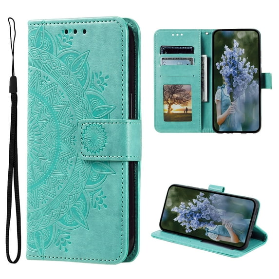 Wallet Case Compatible with iPhone 15 Pro PU Leather, Mandala Flower Floral Embossed Stand Feature with Wrist Strap and 3-Slots ID & Credit Cards Pocket Magnetic Clasps - Green