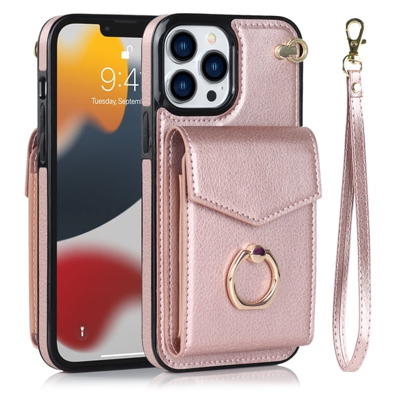 Wallet Case Compatible with iPhone 15 ProMax, Case with Card Holder,with a strap, RFID Blocking Leather Cover 360°Rotation Ring Kickstand Protective Bumper Designed for Apple iPhone 15Pro Max,Rosegold