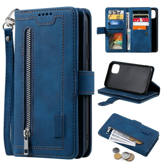 Wallet Case Compatible with iPhone 16, Card Holder and Wrist Strap, Durable Faux Leather Magnetic Closure Flip Cover with Zipper Pocket, for iPhone 16, Darkblue