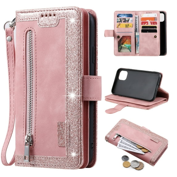Wallet Case Compatible with iPhone 16, Card Holder and Wrist Strap, Durable Faux Leather Magnetic Closure Flip Cover with Zipper Pocket, for iPhone 16, Rosegold