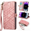 thumbnail image 1 of Wallet Case Compatible with iPhone 16, Detachable Wrist Strap PU Leather Card Slots Zipper Pocket Classic Kickstand Embossed Flip Case Cover for iPhone 16, Pink, 1 of 9