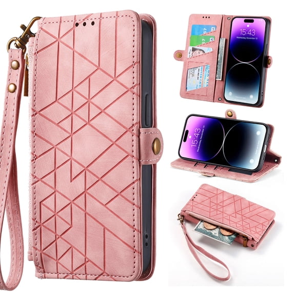 Wallet Case Compatible with iPhone 16, Detachable Wrist Strap PU Leather Card Slots Zipper Pocket Classic Kickstand Embossed Flip Case Cover for iPhone 16, Pink
