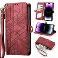 thumbnail image 1 of Wallet Case Compatible with iPhone 16, Detachable Wrist Strap PU Leather Card Slots Zipper Pocket Classic Kickstand Embossed Flip Case Cover for iPhone 16, Red, 1 of 9