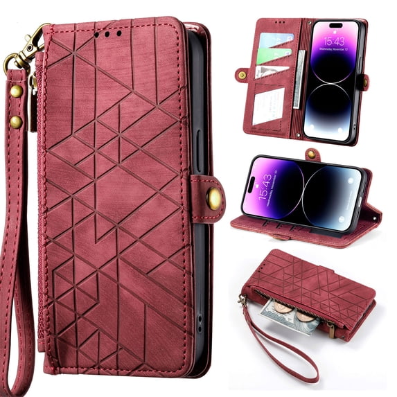 Wallet Case Compatible with iPhone 16, Detachable Wrist Strap PU Leather Card Slots Zipper Pocket Classic Kickstand Embossed Flip Case Cover for iPhone 16, Red