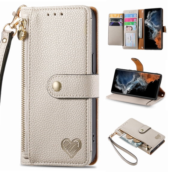 Wallet Case Compatible with iPhone 16, Heart Pattern Detachable Wrist Strap PU Leather Card Slots Zipper Pocket RFID Blocking Kickstand Phone Case for iPhone 16, Gray