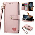 thumbnail image 1 of Wallet Case Compatible with iPhone 16, Heart Pattern Detachable Wrist Strap PU Leather Card Slots Zipper Pocket RFID Blocking Kickstand Phone Case for iPhone 16, Pink, 1 of 9