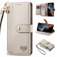 thumbnail image 1 of Wallet Case Compatible with iPhone 16, Heart Pattern Detachable Wrist Strap PU Leather Card Slots Zipper Pocket RFID Blocking Kickstand Phone Case for iPhone 16, Gray, 1 of 9