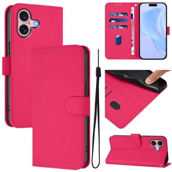 Wallet Case Compatible for iPhone 16, PU Leather Magnetic Closure Protective Flip Folio Case with 3 Card Holder and Wrist Strap Cover Women Men,Rose Red,For iPhone 16
