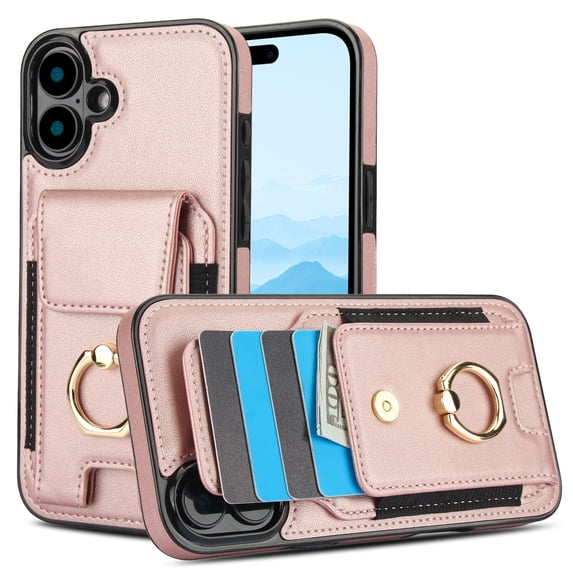 Wallet Case Compatible with iPhone 16 Plus with Card Holder, 360° Rotation Finger Ring Kickstand PU Leather Stretchy Fabric Cover Drop Protection with Magnetic Snap Case Cover, Rosegold