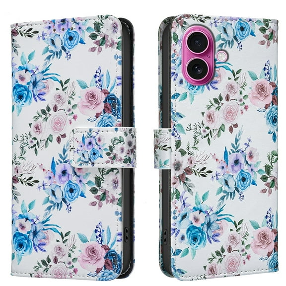 Wallet Case Compatible with iPhone 16 Plus with Card Holder, Convertible Stand Flowers Case Magnetic for Women and Girls, Butterfly Floral Protective PU Leather Flip Case, Floral