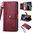 thumbnail image 1 of Wallet Case Compatible with iPhone 16 Plus, Heart Pattern Detachable Wrist Strap PU Leather Card Slots Zipper Pocket RFID Blocking Kickstand Phone Case for iPhone 16 Plus, Red, 1 of 9