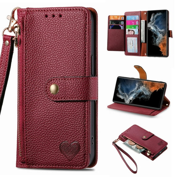 Wallet Case Compatible with iPhone 16 Plus, Heart Pattern Detachable Wrist Strap PU Leather Card Slots Zipper Pocket RFID Blocking Kickstand Phone Case for iPhone 16 Plus, Red