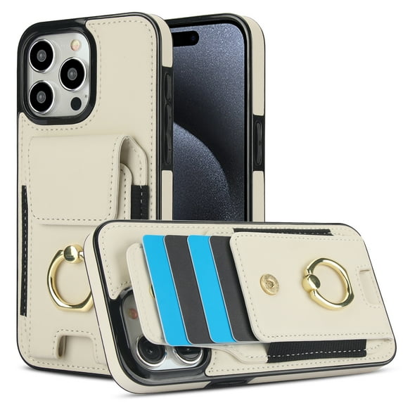 Wallet Case Compatible with iPhone 16 Pro with Card Holder, 360° Rotation Finger Ring Kickstand PU Leather Stretchy Fabric Cover Drop Protection with Magnetic Snap Case Cover, Apricot