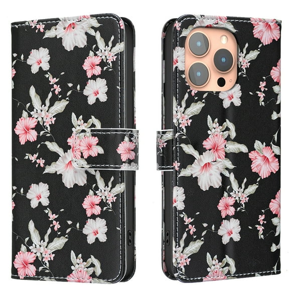 Wallet Case Compatible with iPhone 16 Pro with Card Holder, Convertible Stand Flowers Case Magnetic for Women and Girls, Butterfly Floral Protective PU Leather Flip Case, Black1