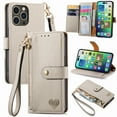 thumbnail image 1 of Wallet Case Compatible with iPhone 16 Pro, Heart Pattern Detachable Wrist Strap PU Leather Card Slots Zipper Pocket RFID Blocking Kickstand Phone Case for iPhone 16 Pro, Gray, 1 of 10