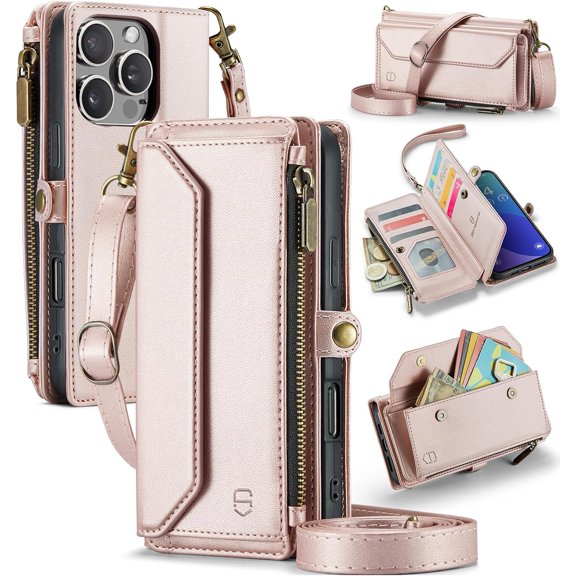 Wallet Case Compatible with iPhone 16 Pro Max 6.9" RFID Blocking 10-Card Holder Soft PU Leather Magnetic Snap Shoulder Strap Zipper Pocket Phone Fit for - Rose Gold | 6.9", Blocking, Holder, Leather,