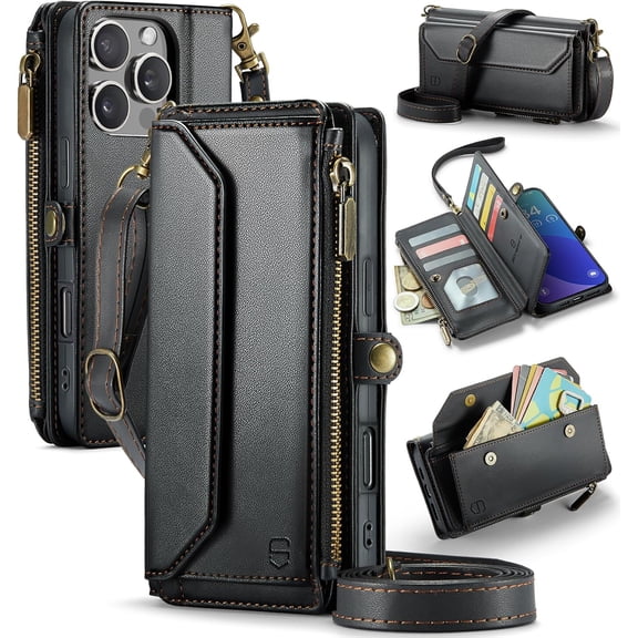 Wallet Case Compatible with iPhone 16 Pro Max 6.9" RFID Blocking 10-Card Holder Soft PU Leather Magnetic Snap Shoulder Strap Zipper Pocket Phone Fit for -