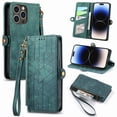 thumbnail image 1 of Wallet Case Compatible with iPhone 16 Pro Max, Detachable Wrist Strap PU Leather Card Slots Zipper Pocket Classic Kickstand Embossed Flip Case Cover for iPhone 16 Pro Max, Green, 1 of 13