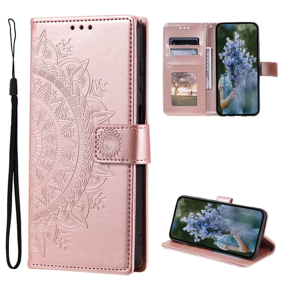 Wallet Case Compatible with iPhone 16 Pro Max PU Leather, Mandala Flower Floral Embossed Stand Feature with Wrist Strap and 3-Slots ID & Credit Cards Pocket Magnetic Clasps - Rosegold