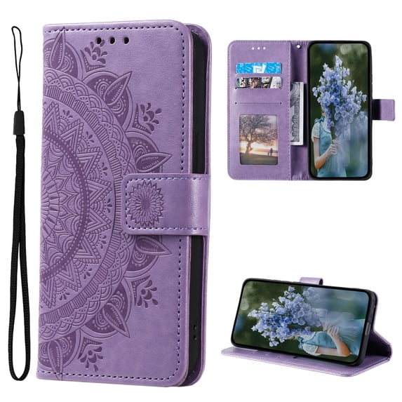 Wallet Case Compatible with iPhone 16 Pro Max PU Leather, Mandala Flower Floral Embossed Stand Feature with Wrist Strap and 3-Slots ID & Credit Cards Pocket Magnetic Clasps - Purple