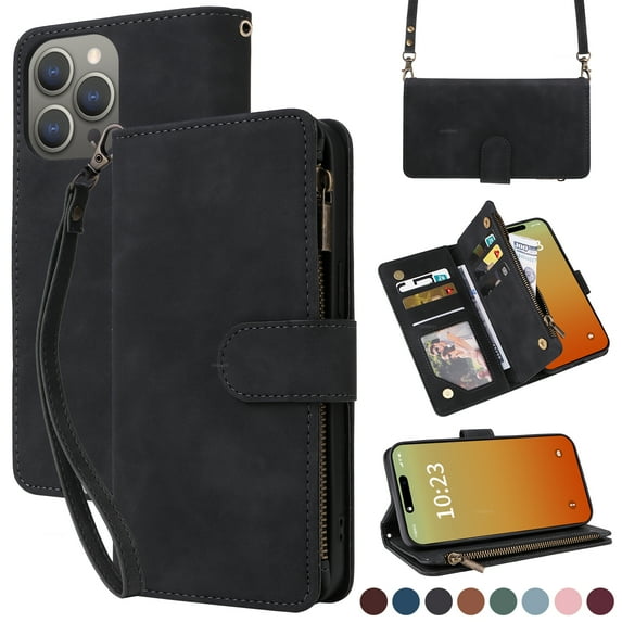 Wallet Case Compatible with iPhone 16 Pro Max, Premium PU Leather Zipper Flip Wallet with Wrist Strap & Crossbody Strap Magnetic Closure Built-in Kickstand Protective Rugged Case - Black