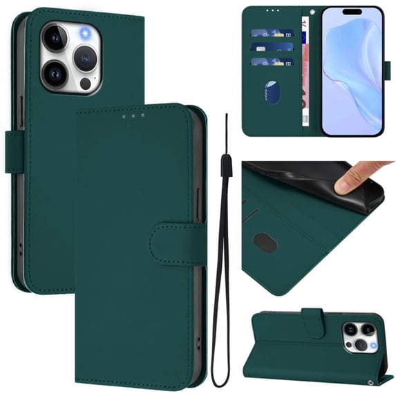 Wallet Case Compatible for iPhone 16 Pro, PU Leather Magnetic Closure Protective Flip Folio Case with 3 Card Holder and Wrist Strap Cover Women Men,Dark Green,For iPhone 16 Pro