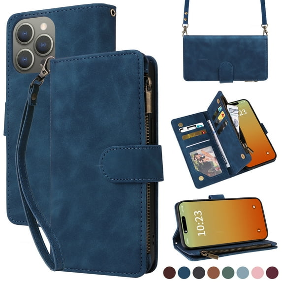 Wallet Case Compatible with iPhone 16 Pro, Premium PU Leather Zipper Flip Folio Wallet Magnetic Snap with Detachable Wrist Strap & Shoulder Strap Built-in Kickstand Protective Case - Blue