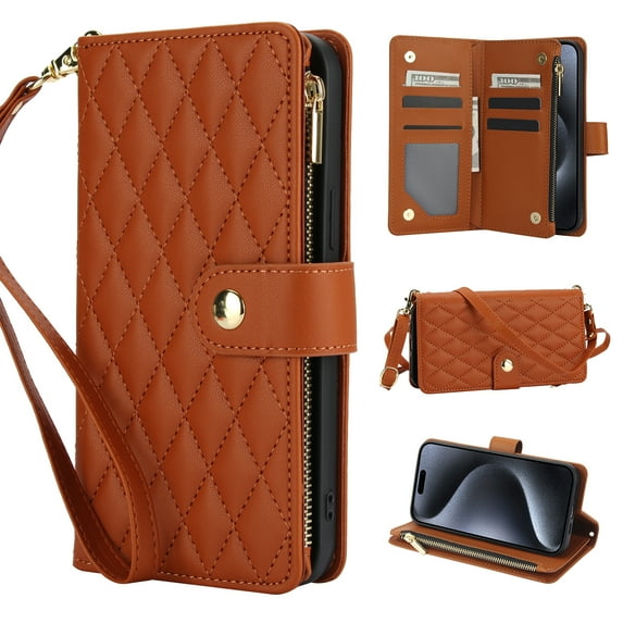 Wallet Case Compatible with iPhone 16 Pro, Premium PU Leather Zipper Flip Folio Wallet RFID Blocking with Wrist Strap & Crossbody Strap Magnetic Closure Kickstand Protective Case, Brown