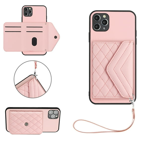 Wallet Case Compatible iPhone 16 Pro, Women Vegan PU Leather Phone case with RFID Blocking Card Holder Detachable Wrist Strap Shockproof Kickstand Phone Case for iPhone 16 Pro, Pink