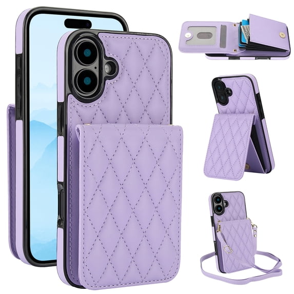 Wallet Case Compatible for iPhone 16, Women PU Leather Detachable Crossbody Phone Case with RFID Blocking Card Holder Adjustable Shoulder Strap Shockproof Kickstand Phone Wallet, Purple