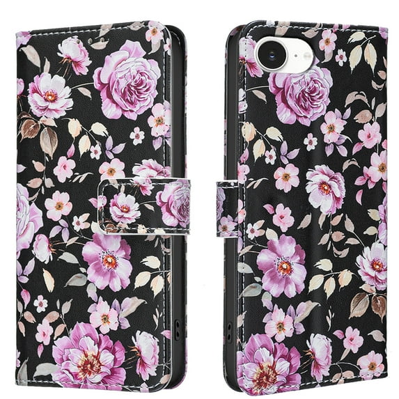 Wallet Case Compatible with iPhone 16e with Card Holder, Convertible Stand Flowers Case Magnetic for Women and Girls, Butterfly Floral Protective PU Leather Flip Case, Black2