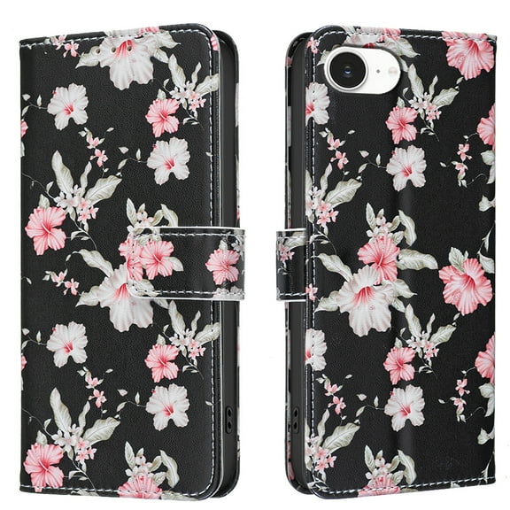 Wallet Case Compatible with iPhone 16e with Card Holder, Convertible Stand Flowers Case Magnetic for Women and Girls, Butterfly Floral Protective PU Leather Flip Case, Black1