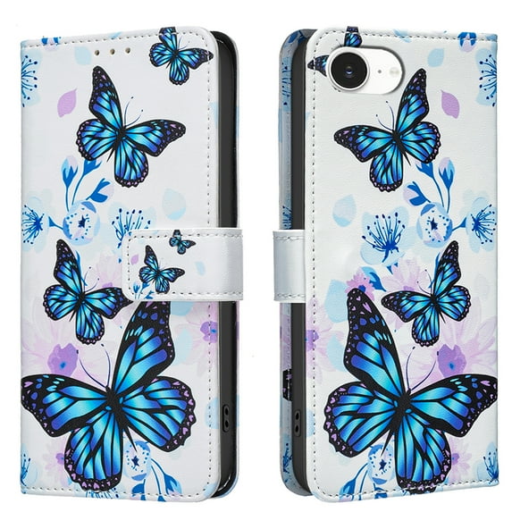 Wallet Case Compatible with iPhone 16e with Card Holder, Convertible Stand Flowers Case Magnetic for Women and Girls, Butterfly Floral Protective PU Leather Flip Case, Blue Butterflies