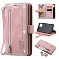 thumbnail image 1 of Wallet Case Compatible with iPhone 16e, Card Holder and Wrist Strap, Durable Faux Leather Magnetic Closure Flip Cover with Zipper Pocket, for iPhone 16e, Rosegold, 1 of 9