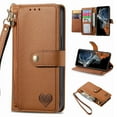 thumbnail image 1 of Wallet Case Compatible with iPhone 16e, Heart Pattern Detachable Wrist Strap PU Leather Card Slots Zipper Pocket RFID Blocking Kickstand Phone Case for iPhone 16e, Brown, 1 of 9