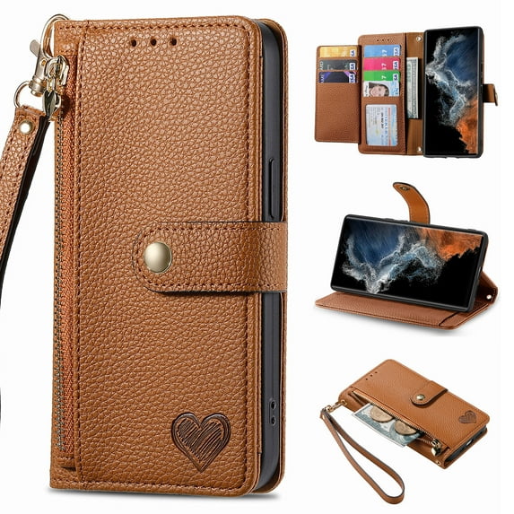 Wallet Case Compatible with iPhone 16e, Heart Pattern Detachable Wrist Strap PU Leather Card Slots Zipper Pocket RFID Blocking Kickstand Phone Case for iPhone 16e, Brown