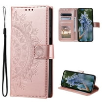 Wallet Case Compatible with iPhone 17 PU Leather, Mandala Flower Floral Embossed Stand Feature with Wrist Strap and 3-Slots ID & Credit Cards Pocket Magnetic Clasps - Rosegold