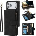 thumbnail image 1 of Wallet Case Compatible with iPhone 17 Pro Max, 6 Card Holder with RFID Blocking, PU Leather Zipper Flip Wallet Pocket, Kickstand, Wrist Strap | Protective Phone Cover for 17 Pro Max, Black, 1 of 13