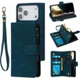 thumbnail image 1 of Wallet Case Compatible with iPhone 17 Pro Max, 6 Card Holder with RFID Blocking, PU Leather Zipper Flip Wallet Pocket, Kickstand, Wrist Strap | Protective Phone Cover for 17 Pro Max, Blue, 1 of 7