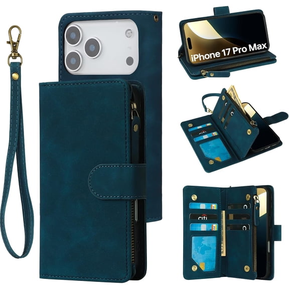 Wallet Case Compatible with iPhone 17 Pro Max, 6 Card Holder with RFID Blocking, PU Leather Zipper Flip Wallet Pocket, Kickstand, Wrist Strap | Protective Phone Cover for 17 Pro Max, Blue