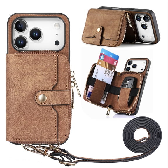 Wallet Case Compatible with iPhone 17 Pro Max, Classic PU Leather Zipper Pocket Car Key / Cash / Coin / Card Slots Shoulder Strap Kickstand Back Case for iPhone 17 Pro Max, Brown