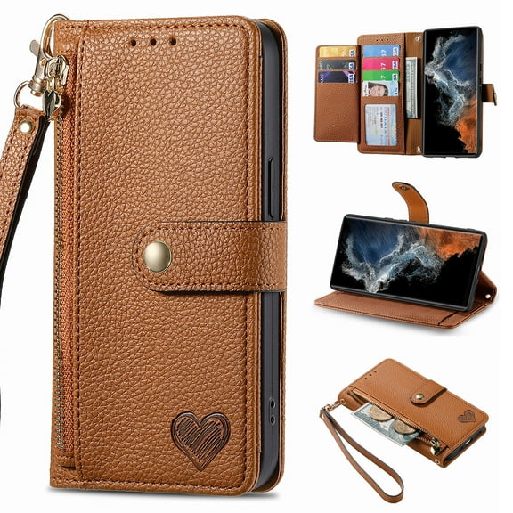 Wallet Case Compatible with iPhone 17 Pro Max, Heart Pattern Detachable Wrist Strap PU Leather Card Slots Zipper Pocket RFID Blocking Kickstand Phone Case for iPhone 17 Pro Max, Brown